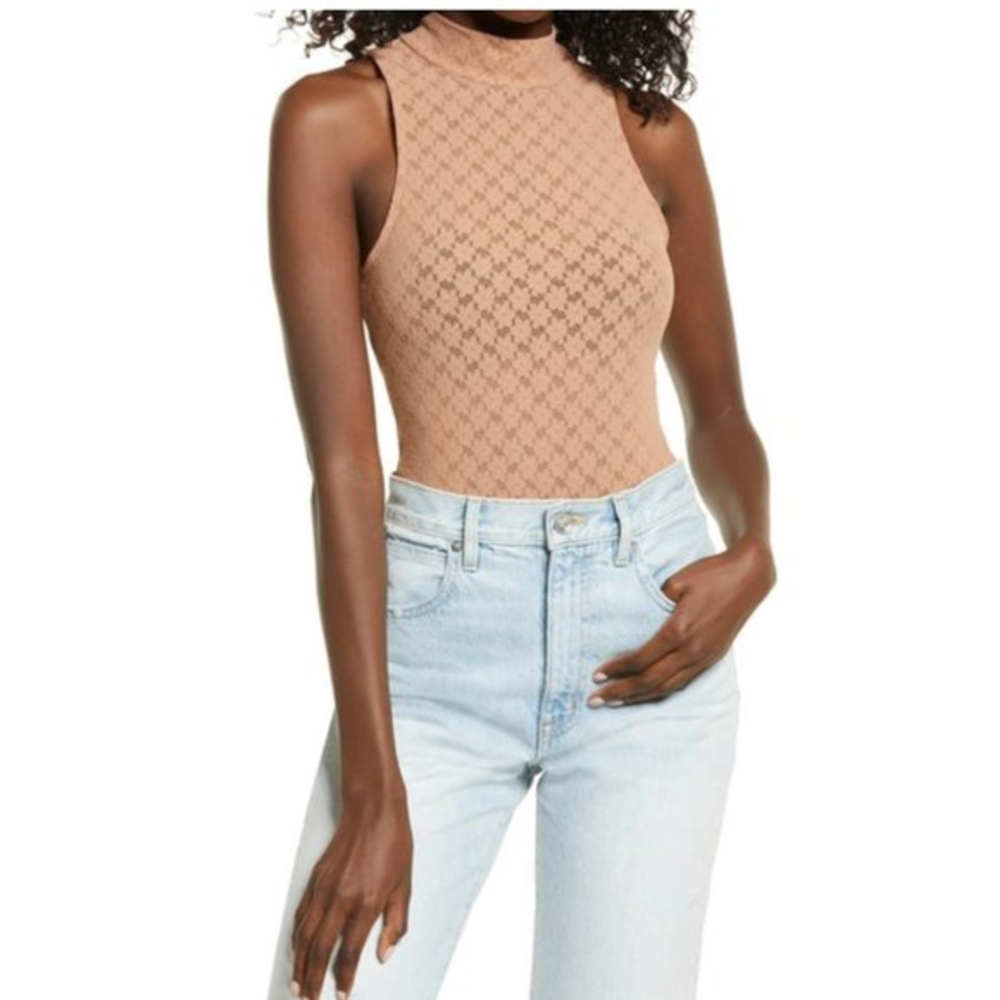 NWOT OPEN‎ EDIT Brown Mock Neck Lace Bodysuit (L)
